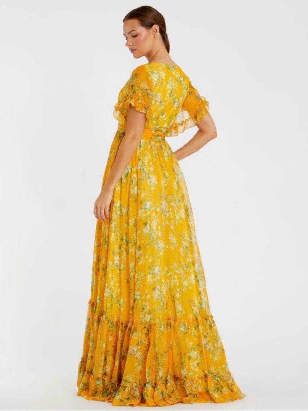 Mac Duggal Yellow Floral Wrap Maxi Dress - Picture 2 of 3
